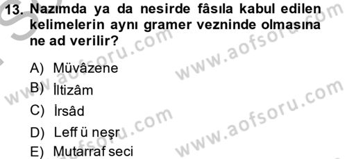 Eski Türk Edebiyatına Giriş: Söz Sanatları Dersi 2013 - 2014 Yılı (Final) Dönem Sonu Sınav Soruları 13. Soru