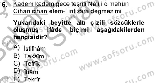 Eski Türk Edebiyatına Giriş: Söz Sanatları Dersi 2013 - 2014 Yılı (Final) Dönem Sonu Sınav Soruları 6. Soru