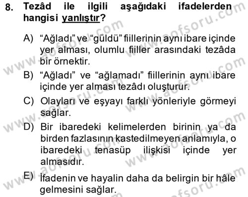 Eski Türk Edebiyatına Giriş: Söz Sanatları Dersi 2013 - 2014 Yılı (Final) Dönem Sonu Sınav Soruları 8. Soru