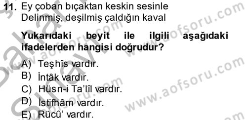 Eski Türk Edebiyatına Giriş: Söz Sanatları Dersi 2014 - 2015 Yılı (Vize) Ara Sınav Soruları 11. Soru