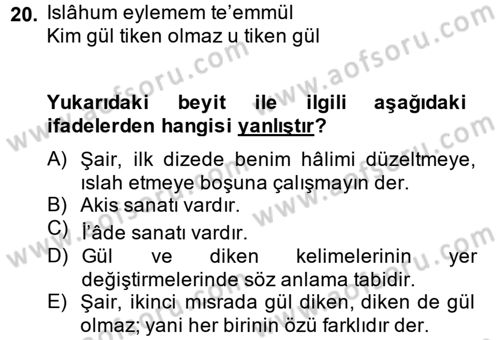 Eski Türk Edebiyatına Giriş: Söz Sanatları Dersi 2014 - 2015 Yılı (Vize) Ara Sınav Soruları 20. Soru