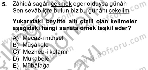 Eski Türk Edebiyatına Giriş: Söz Sanatları Dersi 2014 - 2015 Yılı (Final) Dönem Sonu Sınav Soruları 5. Soru