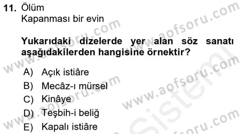 Eski Türk Edebiyatına Giriş: Söz Sanatları Dersi 2015 - 2016 Yılı (Vize) Ara Sınav Soruları 11. Soru