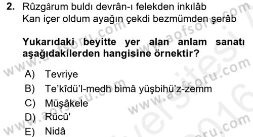 Eski Türk Edebiyatına Giriş: Söz Sanatları Dersi 2015 - 2016 Yılı (Vize) Ara Sınav Soruları 2. Soru