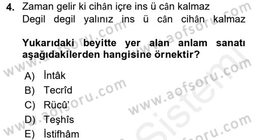 Eski Türk Edebiyatına Giriş: Söz Sanatları Dersi 2015 - 2016 Yılı (Vize) Ara Sınav Soruları 4. Soru
