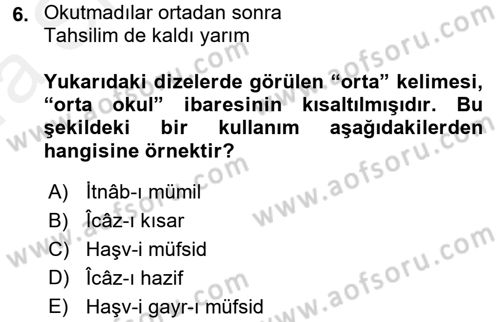 Eski Türk Edebiyatına Giriş: Söz Sanatları Dersi 2015 - 2016 Yılı (Vize) Ara Sınav Soruları 6. Soru