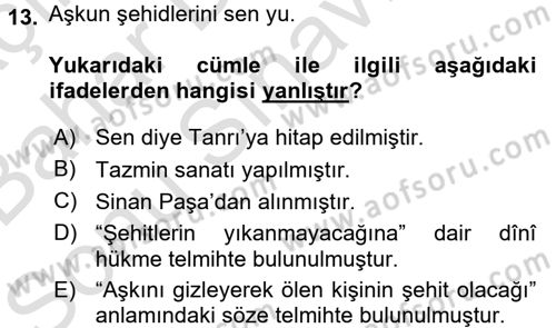 Eski Türk Edebiyatına Giriş: Söz Sanatları Dersi 2015 - 2016 Yılı (Final) Dönem Sonu Sınav Soruları 13. Soru