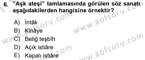 Eski Türk Edebiyatına Giriş: Söz Sanatları Dersi 2015 - 2016 Yılı (Final) Dönem Sonu Sınav Soruları 6. Soru