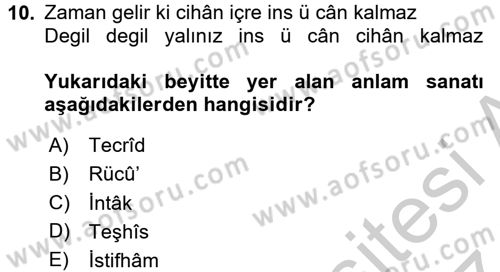Eski Türk Edebiyatına Giriş: Söz Sanatları Dersi 2016 - 2017 Yılı (Vize) Ara Sınav Soruları 10. Soru