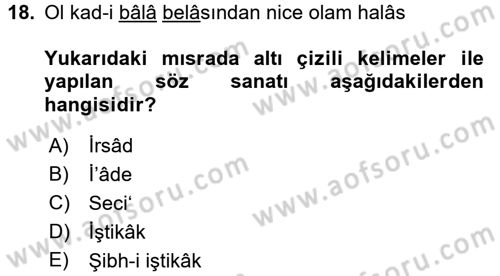 Eski Türk Edebiyatına Giriş: Söz Sanatları Dersi 2016 - 2017 Yılı (Vize) Ara Sınav Soruları 18. Soru