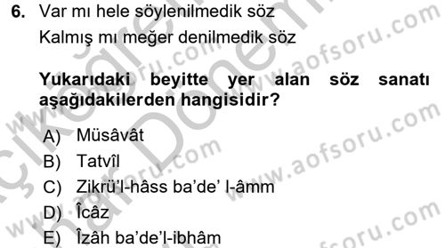 Eski Türk Edebiyatına Giriş: Söz Sanatları Dersi 2016 - 2017 Yılı (Vize) Ara Sınav Soruları 6. Soru