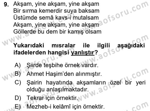 Eski Türk Edebiyatına Giriş: Söz Sanatları Dersi 2016 - 2017 Yılı (Vize) Ara Sınav Soruları 9. Soru