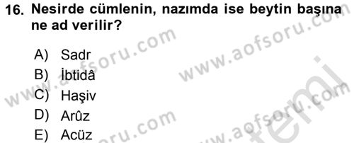 Eski Türk Edebiyatına Giriş: Söz Sanatları Dersi 2016 - 2017 Yılı (Final) Dönem Sonu Sınav Soruları 16. Soru