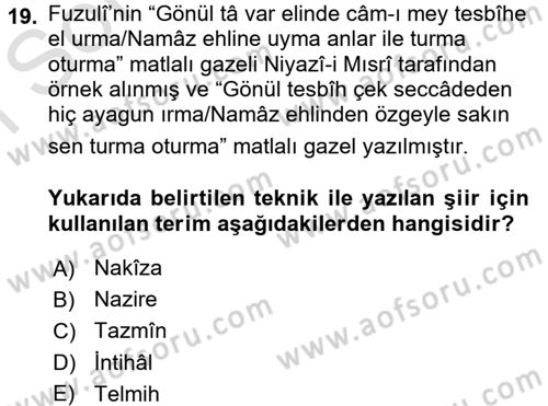 Eski Türk Edebiyatına Giriş: Söz Sanatları Dersi 2016 - 2017 Yılı (Final) Dönem Sonu Sınav Soruları 19. Soru