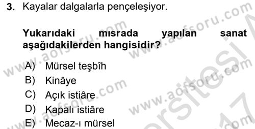 Eski Türk Edebiyatına Giriş: Söz Sanatları Dersi 2016 - 2017 Yılı (Final) Dönem Sonu Sınav Soruları 3. Soru