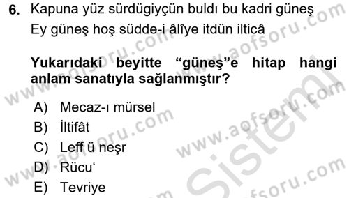 Eski Türk Edebiyatına Giriş: Söz Sanatları Dersi 2016 - 2017 Yılı (Final) Dönem Sonu Sınav Soruları 6. Soru