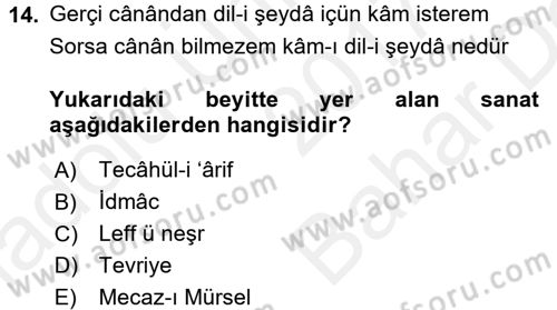 Eski Türk Edebiyatına Giriş: Söz Sanatları Dersi 2017 - 2018 Yılı (Vize) Ara Sınav Soruları 14. Soru
