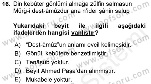 Eski Türk Edebiyatına Giriş: Söz Sanatları Dersi 2017 - 2018 Yılı (Vize) Ara Sınav Soruları 16. Soru