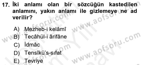Eski Türk Edebiyatına Giriş: Söz Sanatları Dersi 2017 - 2018 Yılı (Vize) Ara Sınav Soruları 17. Soru