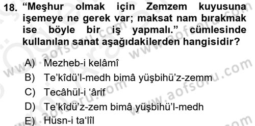 Eski Türk Edebiyatına Giriş: Söz Sanatları Dersi 2017 - 2018 Yılı (Vize) Ara Sınav Soruları 18. Soru