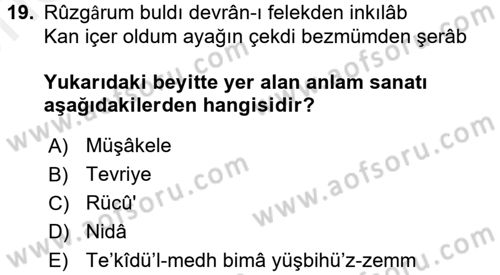 Eski Türk Edebiyatına Giriş: Söz Sanatları Dersi 2017 - 2018 Yılı (Vize) Ara Sınav Soruları 19. Soru