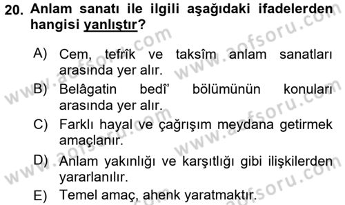 Eski Türk Edebiyatına Giriş: Söz Sanatları Dersi 2017 - 2018 Yılı (Vize) Ara Sınav Soruları 20. Soru