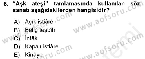 Eski Türk Edebiyatına Giriş: Söz Sanatları Dersi 2017 - 2018 Yılı (Vize) Ara Sınav Soruları 6. Soru