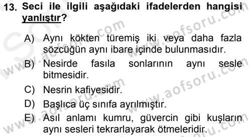 Eski Türk Edebiyatına Giriş: Söz Sanatları Dersi 2017 - 2018 Yılı (Final) Dönem Sonu Sınav Soruları 13. Soru
