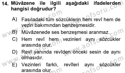 Eski Türk Edebiyatına Giriş: Söz Sanatları Dersi 2017 - 2018 Yılı (Final) Dönem Sonu Sınav Soruları 14. Soru