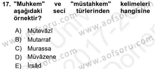 Eski Türk Edebiyatına Giriş: Söz Sanatları Dersi 2017 - 2018 Yılı (Final) Dönem Sonu Sınav Soruları 17. Soru