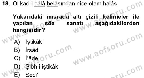 Eski Türk Edebiyatına Giriş: Söz Sanatları Dersi 2017 - 2018 Yılı (Final) Dönem Sonu Sınav Soruları 18. Soru