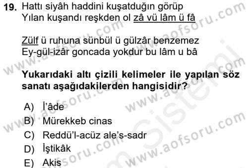 Eski Türk Edebiyatına Giriş: Söz Sanatları Dersi 2017 - 2018 Yılı (Final) Dönem Sonu Sınav Soruları 19. Soru