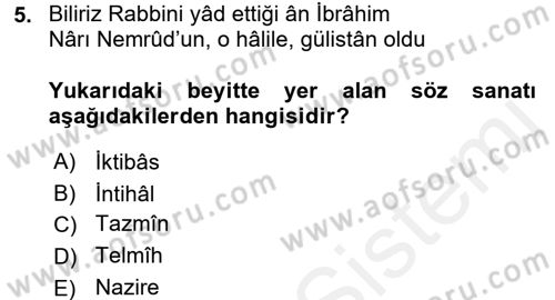 Eski Türk Edebiyatına Giriş: Söz Sanatları Dersi 2017 - 2018 Yılı (Final) Dönem Sonu Sınav Soruları 5. Soru