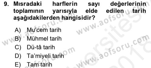Eski Türk Edebiyatına Giriş: Söz Sanatları Dersi 2017 - 2018 Yılı (Final) Dönem Sonu Sınav Soruları 9. Soru