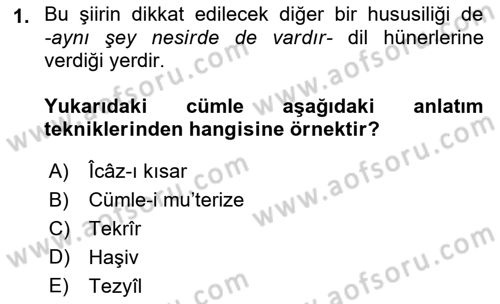 Eski Türk Edebiyatına Giriş: Söz Sanatları Dersi 2018 - 2019 Yılı (Vize) Ara Sınav Soruları 1. Soru