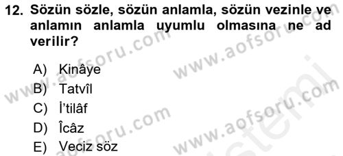 Eski Türk Edebiyatına Giriş: Söz Sanatları Dersi 2018 - 2019 Yılı (Vize) Ara Sınav Soruları 12. Soru