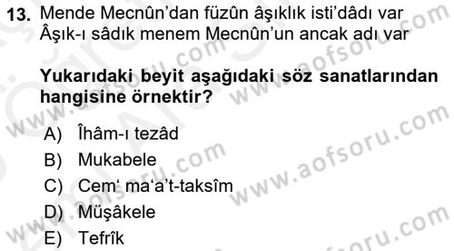 Eski Türk Edebiyatına Giriş: Söz Sanatları Dersi 2018 - 2019 Yılı (Vize) Ara Sınav Soruları 13. Soru