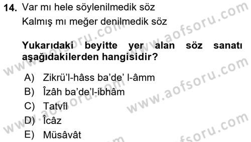 Eski Türk Edebiyatına Giriş: Söz Sanatları Dersi 2018 - 2019 Yılı (Vize) Ara Sınav Soruları 14. Soru