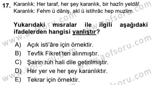 Eski Türk Edebiyatına Giriş: Söz Sanatları Dersi 2018 - 2019 Yılı (Vize) Ara Sınav Soruları 17. Soru