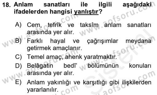 Eski Türk Edebiyatına Giriş: Söz Sanatları Dersi 2018 - 2019 Yılı (Vize) Ara Sınav Soruları 18. Soru