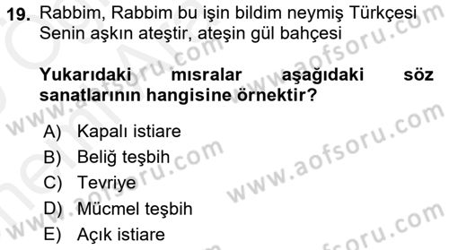 Eski Türk Edebiyatına Giriş: Söz Sanatları Dersi 2018 - 2019 Yılı (Vize) Ara Sınav Soruları 19. Soru