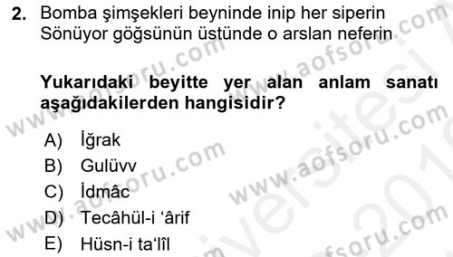 Eski Türk Edebiyatına Giriş: Söz Sanatları Dersi 2018 - 2019 Yılı (Vize) Ara Sınav Soruları 2. Soru