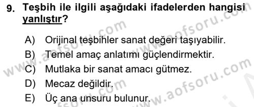 Eski Türk Edebiyatına Giriş: Söz Sanatları Dersi 2018 - 2019 Yılı (Vize) Ara Sınav Soruları 9. Soru