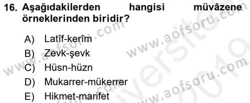 Eski Türk Edebiyatına Giriş: Söz Sanatları Dersi 2018 - 2019 Yılı (Final) Dönem Sonu Sınav Soruları 16. Soru