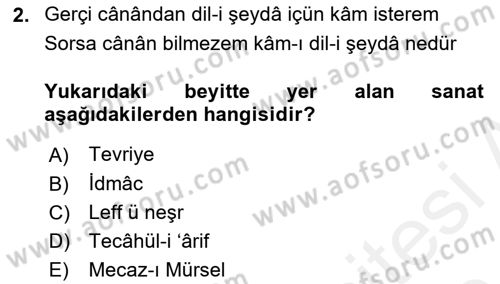 Eski Türk Edebiyatına Giriş: Söz Sanatları Dersi 2018 - 2019 Yılı (Final) Dönem Sonu Sınav Soruları 2. Soru