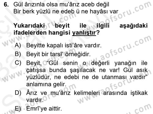 Eski Türk Edebiyatına Giriş: Söz Sanatları Dersi 2018 - 2019 Yılı (Final) Dönem Sonu Sınav Soruları 6. Soru