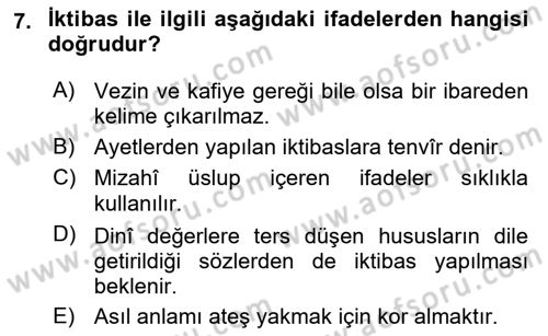 Eski Türk Edebiyatına Giriş: Söz Sanatları Dersi 2018 - 2019 Yılı (Final) Dönem Sonu Sınav Soruları 7. Soru