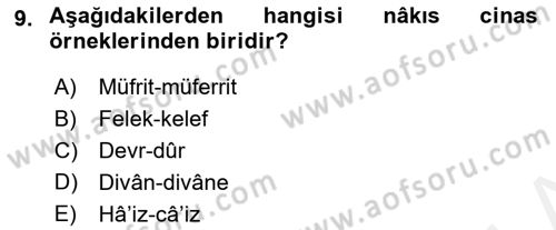 Eski Türk Edebiyatına Giriş: Söz Sanatları Dersi 2018 - 2019 Yılı (Final) Dönem Sonu Sınav Soruları 9. Soru