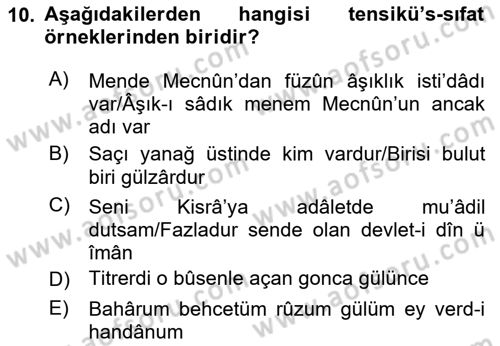 Eski Türk Edebiyatına Giriş: Söz Sanatları Dersi 2020 - 2021 Yılı Yaz Okulu Sınav Soruları 10. Soru