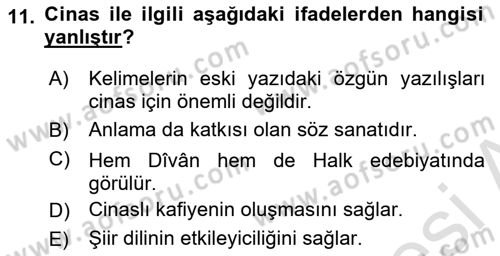 Eski Türk Edebiyatına Giriş: Söz Sanatları Dersi 2020 - 2021 Yılı Yaz Okulu Sınav Soruları 11. Soru